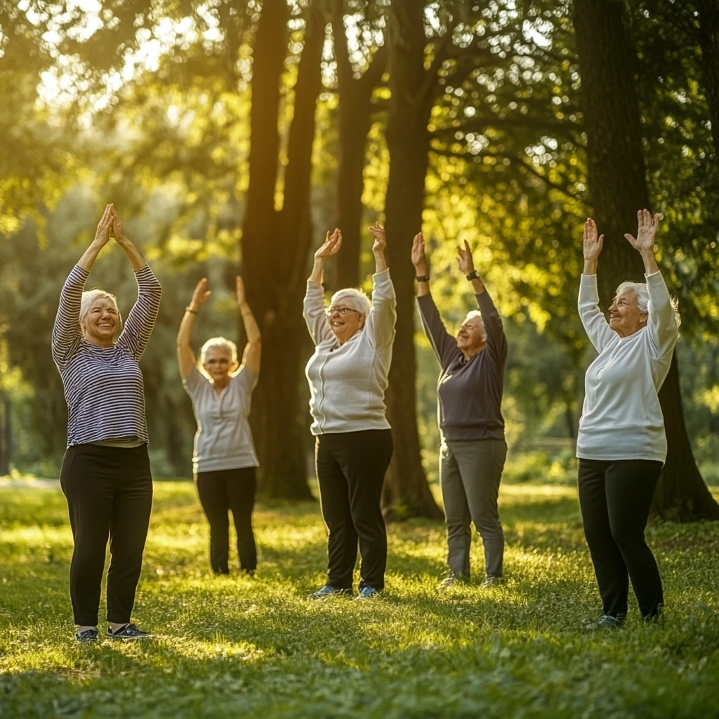 Активні щасливі пенсіонери займаються спортом на свіжому повітрі в парку