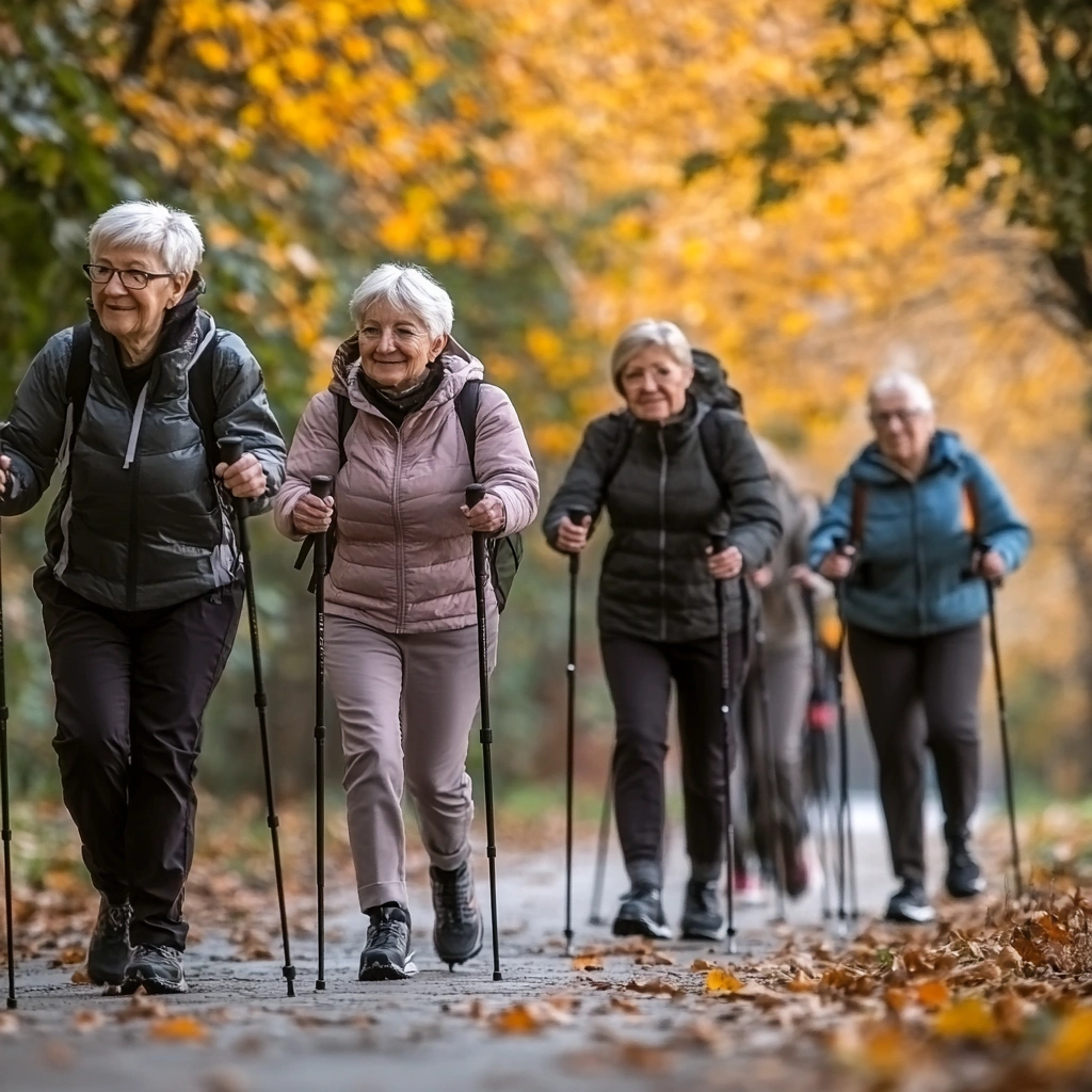 Група пенсіонерів займається скандинавською ходьбою в парку