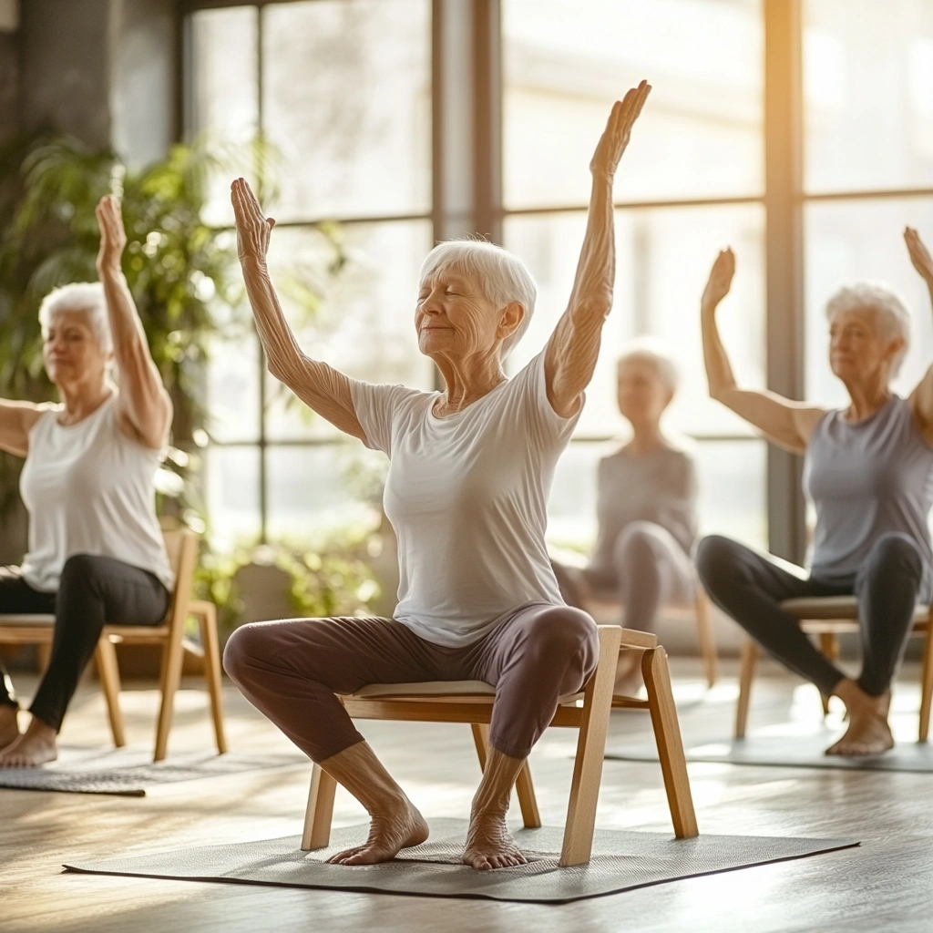 Група пенсіонерів на заняттях з йоги, спеціально адаптованої для літніх людей